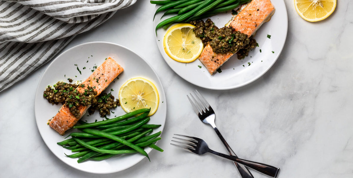 Simple Baked Salmon with Lentil Pesto